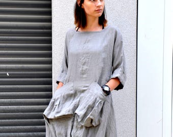 Vestido de lino gris, vestido asimétrico, vestido extravagante, vestido maxi de lino, vestido de tallas grandes, vestido largo de lino, vestido bohemio de lino, ropa maxi