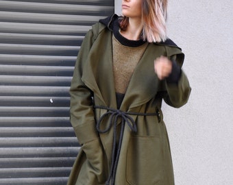 Olive Coat Womens, Hooded Winter Coat, Belted Warm Coat, Khaki Trench Coat, Wool Winter Jacket Women, Long Sleeve, Army Trench Coat