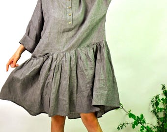 Gray Linen Maxi Dress, Washed Linen Dress, Relaxed Minimalist Dress, Designer Clothing for Women