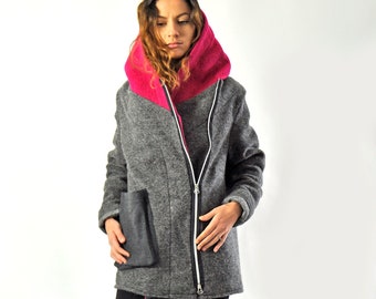 Hooded Winter Coat, Wool Coat Women, Plus Size Coat, Warm Winter Coat, Plus Size Clothing, Gray Pink Coat, Ladies Coat, Wool Clothing