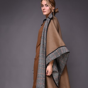 Women's Beige Wool Cape Coat, Double Sided Italian Wool, Mid Length Winter Poncho Coat, Elegant Belted Wool Coat for Women, Warm Camel Cape