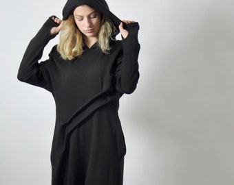 Women Hooded Dress, Black Abaya, Plus Size Maxi Dress, Long Sleeve Dress, Winter Hoodie Dress, Long Dress, Kaftan Dress, Wool Dress