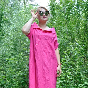 Fuchsia Pink Linen Full Length Cocktail Dress with Avantgarde Neckline & Slit - Linen Maxi Dress, Summer Caftan, Long Shirt Dress, Plus Size