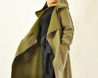 Women's Wool Coat, Merino Wool Coat, Army Green Coat, Winter Outerwear, Loose Midi Coat, Plus Size Clothing, Swing Coat Oversized Coat, Fall