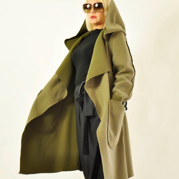 Women's Wool Coat, Merino Wool Coat, Army Green Coat, Winter Outerwear, Loose Midi Coat, Plus Size Clothing, Swing Coat Oversized Coat, Fall