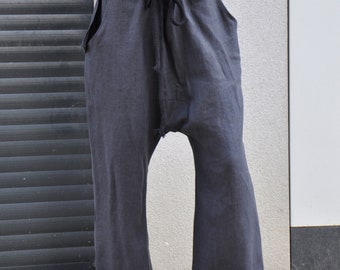 Linen Harem Pants, Dark Gray Flax Drop Crotch Trousers with Elastic Waist