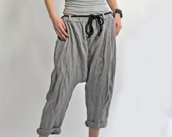 Gray Drop Crotch Pants, Linen Harem Pants, Plus Size Pants, Wide Shalwar Pants, Baggy Style Pants, Summer Linen Trousers, Casual Pants Women