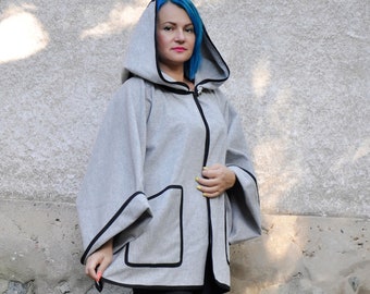 Wool Cape Coat with Batwing Sleeves, Gray Wool Cape, Hooded Coat, Plus Size Clothing, Gray Wool Cape, Kimono Coat Japanese Style Clothes
