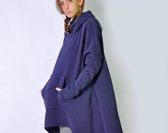 Royal Blue Fleece Hoodie Sweatshirt Dress, Long Thumb Hole Sleeves Tunic for Winter,Big Pocket Oversized Tunic Dress,Elfic Sweater with Hood