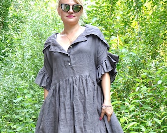 Gray Hooded Linen Dress, Midi Shirt Dress Women, Boho Tunic with Front Buttons, Gathered Hem & 3/4 Sleeves, Artistic Loose Fit, Summer Boho
