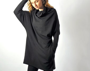 Mock Neck Sweater, Black Mini Dress, Merino Wool Dress Women, Gothic Casual Dress, Ladies Woolen Dresses, Woolen Sweaters for Ladies