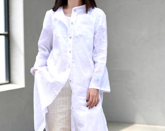Oversized White Linen Tunic Shirt, Loose Fit Long Sleeve Top, Minimalist Clothing