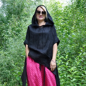 Hooded Linen Tunic, Black Asymmetric Tunic Top, Plus Size Clothing, Summer Linen Tunic, Black Tunic Top, Hoodie Top Summer, Linen clothes