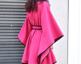 Handmade Pink Cloak, Pink Wool Coat, Pink Cape Coat, Japanese Aesthetic, Kimono Robe, Japanese Cape, Vintage Style Cloak, Harajuku Clothing