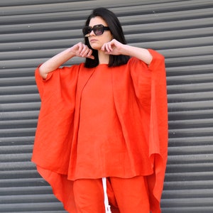Batwing Sleeves Linen Tunic, Plus Size Linen Clothing, Kaftan Blouse Top, Oversize Linen Tunic, Summer Tunic Top Women, Orange Tunic image 2