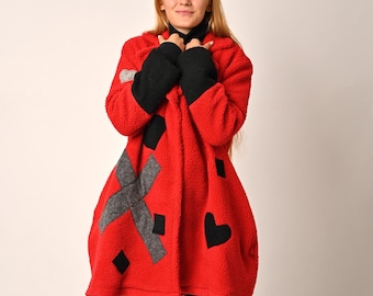 Red Wool Coat, Women's Winter Outerwear with Black Sleeves and Viscose Lining