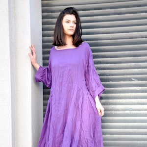 Purple Linen Maxi Dress – Loose Natural Linen Dress with Boat Neck, Wide Sleeves and Pockets image 6
