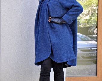 Wool Winter Navy Blue Coat, Plus Size Overcoat with Big Colar