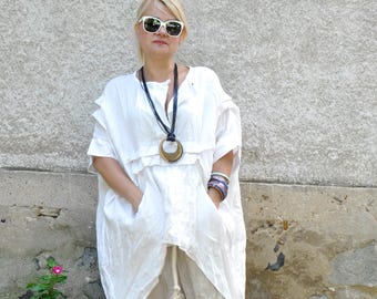 White Linen Tunic Shirt – Long Linen Top, Asymmetrical Tunic with Pockets, Loose Minimalist Linen Clothing, Plus Size