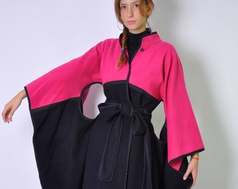 Extravagant Wool , Maxi Cape,  Fuschia Belted Cape Coat, Long Japanese Kimono, Wool Jacket Coat, Wedding Cloak, Plus size Cape Coat, Winter