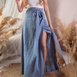 Linen Maxi Skirt with Pockets, Linen Long Skirt, High Waist Linen Skirt, Spring Linen Skirt, Wrap Skirt, Prom Skirt, Elegant Evening Skirt