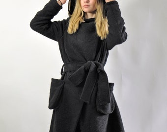 ブラックフード付きウールコート 黒 ウール フード付きコート