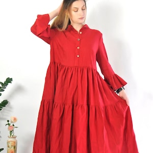 Dark Red Linen Maxi Dress, Elegant Long Linen Dress with Sleeves, Boho Romantic Linen Dress, Handmade Floor-Length Dress, Wide Sleeve Dress