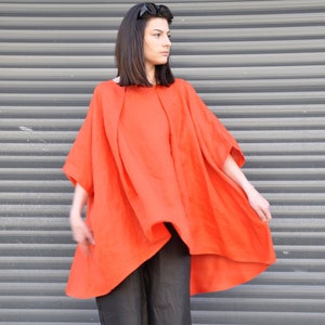 Linnen outfitset, linnen set, losse linnen outfit, plus size kleding, verbrande oranje set, extravagante outfit, zomerlinnen broekset, wijde pijpen