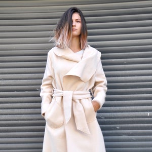 Wool Coat For Women, Cream Wool Coat, Warm Winter Coat, Plus Size Coat, Elegant Coat With Belt Closure, Winter Clothing, Outerwear Coat