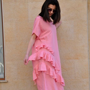 Pink Linen Dress, Loose Extravagant Dress, Asymmetric Dress, Linen Maxi Kaftan, Plus Size Dress, Ruffle Dress, Maxi Dress Woman, Shift Dress image 4