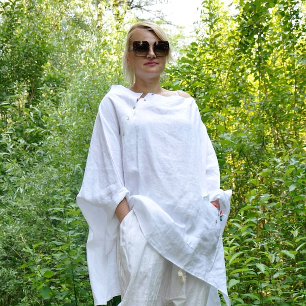 Tunique blanche, Vêtements en lin femme, Vêtements en lin grande taille, Haut tunique en lin, Tunique minimaliste, Tunique d'été blanche, Maxi tunique, Vêtements Gabyga