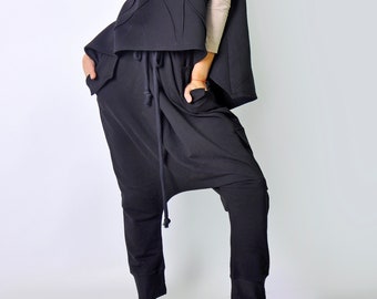 Drop Crotch Pants, Black Harem Pants, Pants with Pockets, Tie Pants, Low Crotch Pants, Loose Pants, Asymmetric Pants, Casual Women Pants