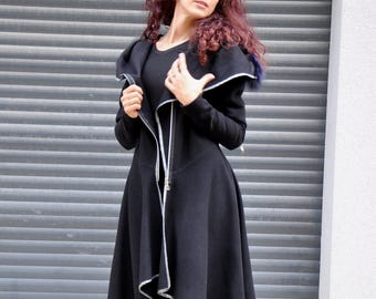 Black Wool Hooded Coat, Warm Plus Size Outerwear, Winter Cardigan Style