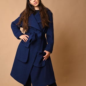 Dark Blue Wool Coat, Handmade Winter Maxi Coat with Hood, Oversized Warm Wool Jacket, Long Woolen Overcoat Women, Maxi Coat, Hooded Coat