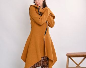 Oversized wollen vestjas voor dames – asymmetrische ritssluiting, handgemaakte avant-garde boho-bovenkleding, lente/herfst