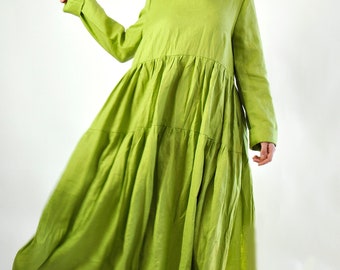 Light Green Linen Dress, Summer Kaftan, Bridesmaid Dress, Linen Wedding Dress, Chartreuse Dress, Wedding Guest Dress, Linen Modest Dress