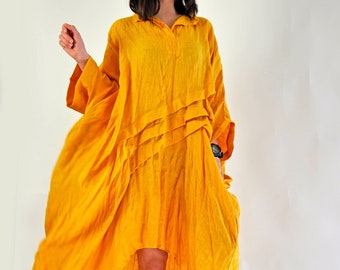 Mustard Yellow Linen Maxi Dress, Plus Size Loose Dress, Autumn Gown Linen Clothing, Extravagant Shirt Dress, Long Linen Kaftan Dress