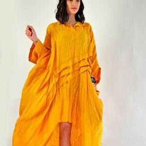 Mustard Yellow Linen Maxi Dress, Plus Size Loose Dress, Autumn Gown Linen Clothing, Extravagant Shirt Dress, Long Linen Kaftan Dress