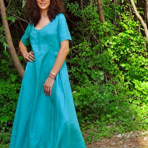 Deep Green Linen Maxi Dress For Women, Summer Linen Dress, Linen Maxi Dress, Linen Kaftan Dress, Linen Clothing, Linen Caftan Dress, Long
