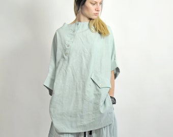 Linen Shirt, Women Shirt, Asymmetric Shirt, Linen Clothing, Plus Size Linen Shirt, Light Green Shirt, Women Linen Tunic, Loose Linen Shirt