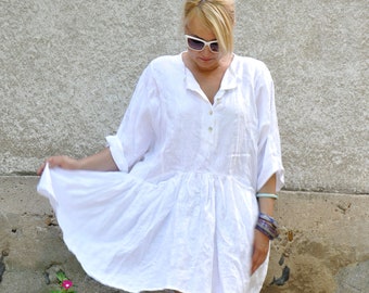 Robe midi en lin, Robe chemise blanche, Robe d'été en lin, Robe de plage blanche, Vêtements en lin, Robe en lin grande taille, Robe de plage courte, Ample