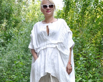 White Linen Tunic, Beach Wear Plus Size, Linen Clothes, Asymmetric Tunic, Women Tunic Dress, Linen Summer Tunic, Smock Tunic,Linen Long Top