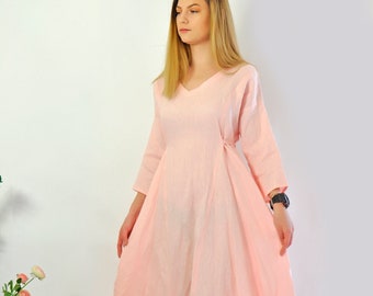 Robe en lin rose, robe longue pour l'été, robe midi romantique, lin grande taille, robe ajustée et évasée, robe en lin rose Barbie, robe longue bohème