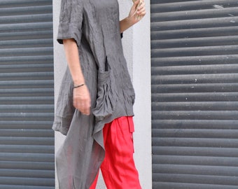 Plus Size Linen Tunic, Gray Maxi Tunic, Asymmetric Tunic, Beach Wedding Top, Summer Linen Tunic, Oversized Top, Natural Linen Tunic,Mom Gift