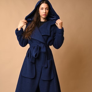 Dark Blue Wool Maxi Coat with Hood – Handmade Winter Long Overcoat for Women, Elegant Warm Wool Jacket