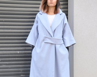 Light Blue Wool Coat, Fashionable Coat, Plus Size Custom Made Coat, Avantgarde Blue Coat, Asymmetric Overcoat, Wool Trench Coat Knee Length