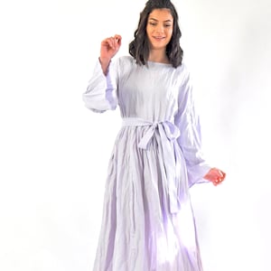 Lavender Linen Maxi Dress, Long Sleeve Ruffle Hem Dress with Belt, Round Neck Loose Fit, Elegant Boho Linen Clothing, Handmade Linen Caftan