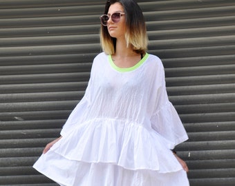 White Cotton Dress, White Summer Dress, Extravagant Dress, Plus Size Clothing, Long Sleeve Dress, Plus Size Dress, White Beach Dress, Gabyga