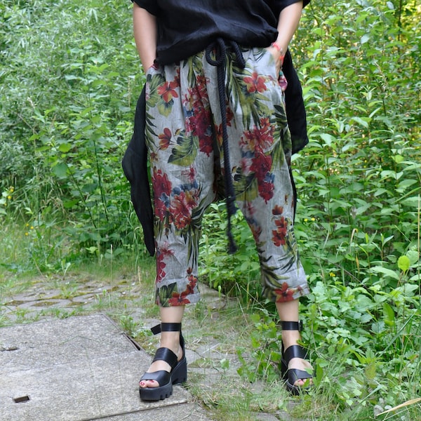 Pantalon en lin à fleurs avec entrejambe bas, Vêtements d'été grande taille, Pantalons ample, Pantalon ample en lin, Pantalon maxi extravagant, Pantalon de plage en lin