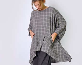 Comfy Tunic Top, Linen Blouse, Tartan Top, Linen Clothing, Asymmetric Top, Hooded Linen Top, Linen Tunic, Checkered Top, Gift For Her